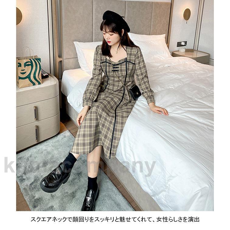 ワンピース ロング丈 ショート丈 ワンピ 長袖 大きいサイズ チェック柄 バイカラー スクエアネック 着やせ ソフト シンプル 無地 快適 着回し 可愛い
