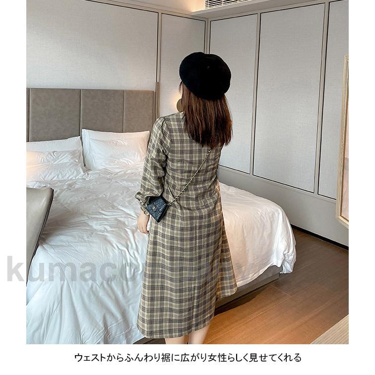 ワンピース ロング丈 ショート丈 ワンピ 長袖 大きいサイズ チェック柄 バイカラー スクエアネック 着やせ ソフト シンプル 無地 快適 着回し 可愛い