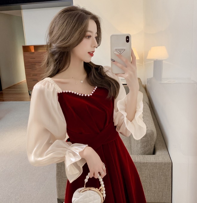レディース ベルベット ワンピース スクエアネック パール キャンディースリーブ バックリボン フォーマル お呼ばれ パーティー 大人可愛い ママコーデ ママファッション 韓国系 オルチャン 人気 ト レディース ベルベット ワンピース スクエアネック パール キャンディースリーブ バックリボン フォーマル お呼ばれ パーティー 大人可愛い ママコーデ ママファッション 韓国系 オルチャン 人気 ト