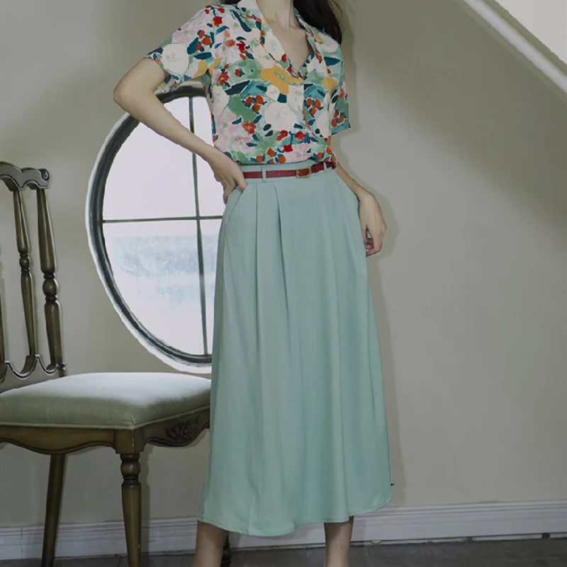 セットアップ レディース 夏 ベルト付き 柄シャツ 半袖 フレンチガーリー 緑系 デート 通勤
