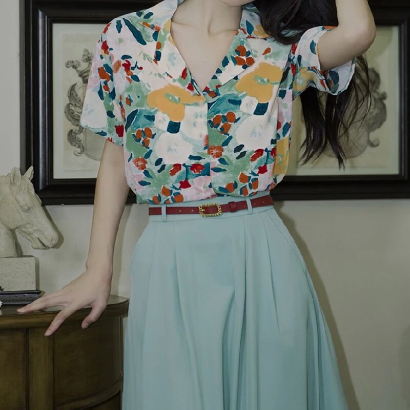セットアップ レディース 夏 ベルト付き 柄シャツ 半袖 フレンチガーリー 緑系 デート 通勤