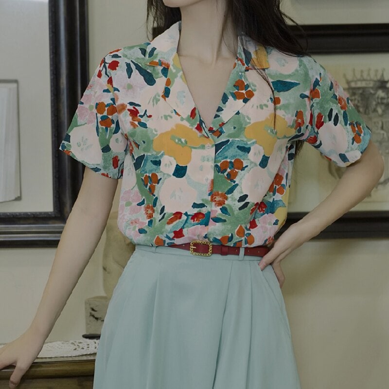 セットアップ レディース 夏 ベルト付き 柄シャツ 半袖 フレンチガーリー 緑系 デート 通勤