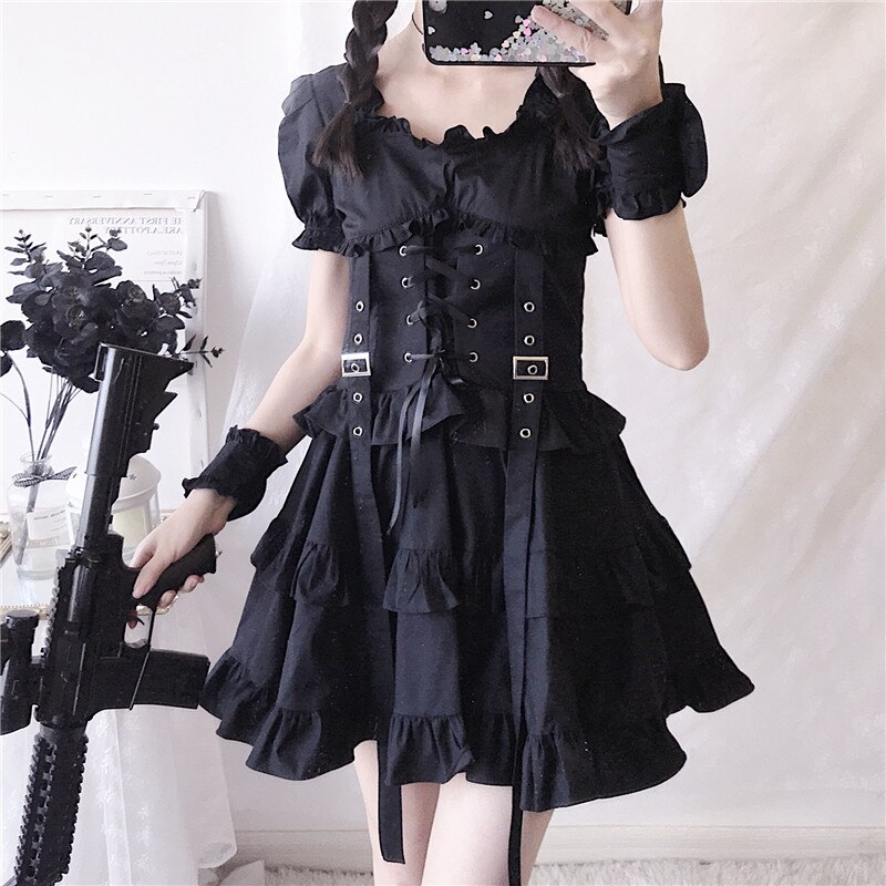 【NEWカラー追加】女性秋ゴシックドレスダークブラックヴィンテージ半袖女性ファッション気質ハイ