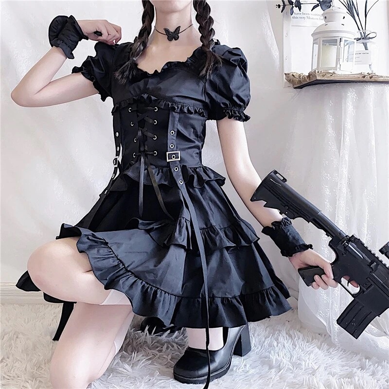 【NEWカラー追加】女性秋ゴシックドレスダークブラックヴィンテージ半袖女性ファッション気質ハイ