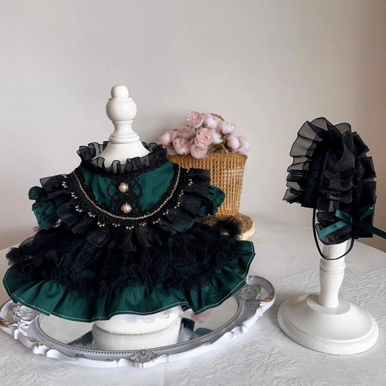 【10cm/15cm/20cm/40cm】着せ替えぬいぐるみ服 着せ替え人形 綿人形 ぬいぐるみ ぬい服 ぬいぐるみ服 人形服 緑と黒のレースリボン姫ワンピース ヘッドバンド付き ロリィタ ロリータ