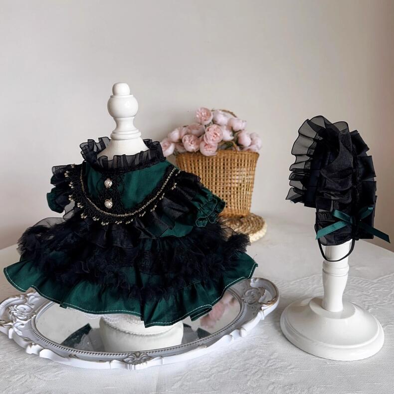 【10cm/15cm/20cm/40cm】着せ替えぬいぐるみ服 着せ替え人形 綿人形 ぬいぐるみ ぬい服 ぬいぐるみ服 人形服 緑と黒のレースリボン姫ワンピース ヘッドバンド付き ロリィタ ロリータ