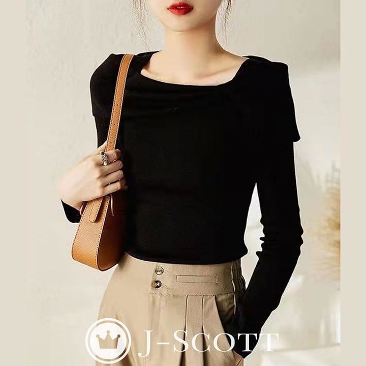 ボートネックニットトップス リボンモチーフ 薄手 やわらか スリムフィット 10分袖 ボタンなし エレガント 清楚 大人シルエット ニットセーター 長袖ニット 女っぽ(ブラック, L)