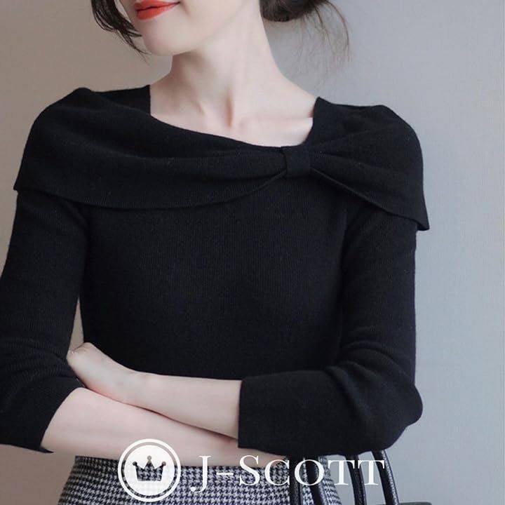 ボートネックニットトップス リボンモチーフ 薄手 やわらか スリムフィット 10分袖 ボタンなし エレガント 清楚 大人シルエット ニットセーター 長袖ニット 女っぽ(ブラック, L)