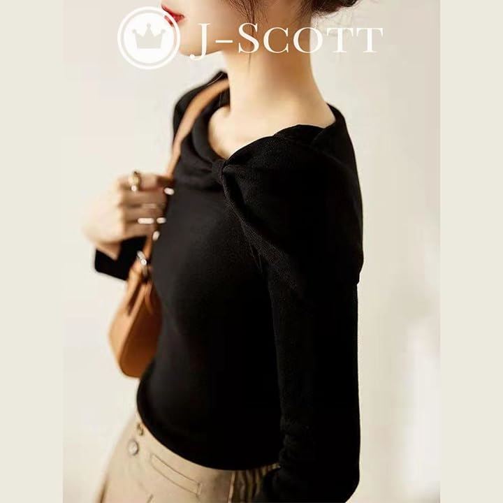 ボートネックニットトップス リボンモチーフ 薄手 やわらか スリムフィット 10分袖 ボタンなし エレガント 清楚 大人シルエット ニットセーター 長袖ニット 女っぽ(ブラック, L)