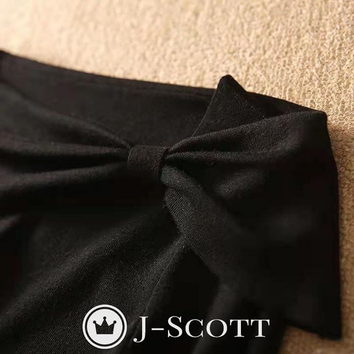 ボートネックニットトップス リボンモチーフ 薄手 やわらか スリムフィット 10分袖 ボタンなし エレガント 清楚 大人シルエット ニットセーター 長袖ニット 女っぽ(ブラック, L)