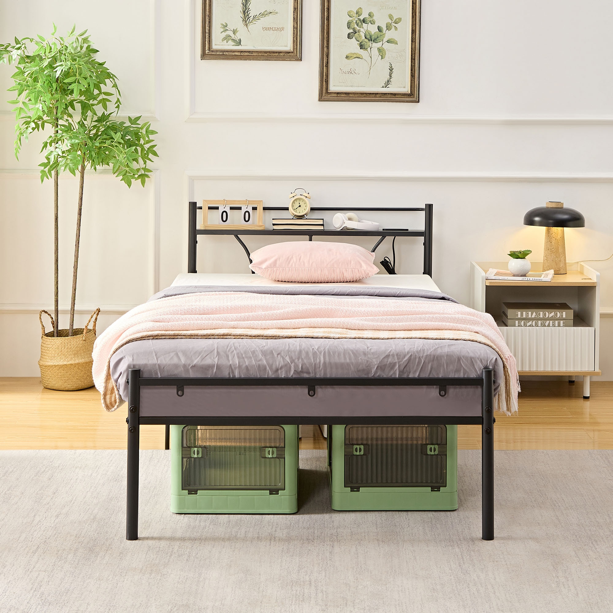 VECELO ベッドフレーム セミダブル ブラック 宮棚付き 2口コンセント付き VECELO ベッドフレーム セミダブル ブラック 宮棚付き 2口コンセント