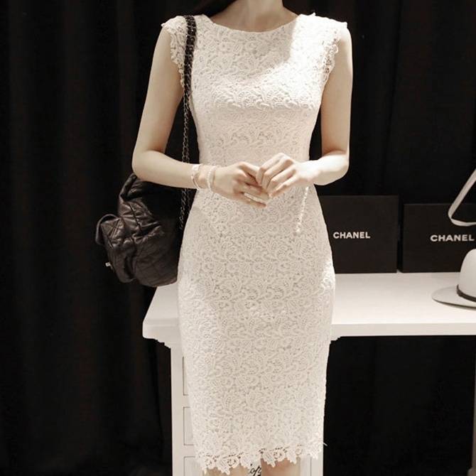 ワンピース ドレス ノースリーブ レディース ひざ丈 クルーネック 刺繍 レース スリム タイト 韓国