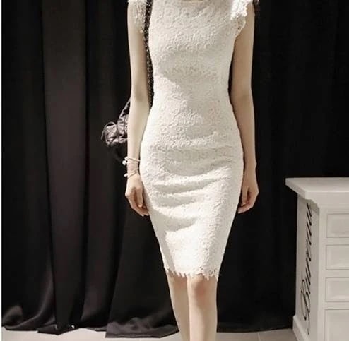 ワンピース ドレス ノースリーブ レディース ひざ丈 クルーネック 刺繍 レース スリム タイト 韓国