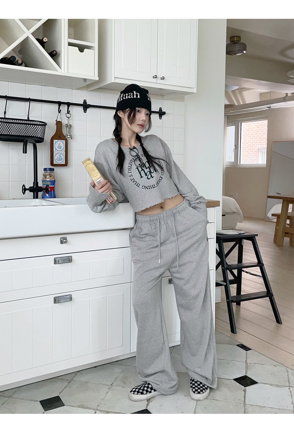 [SET] CROP MTM WIDE PANTS SET UP 2色 新商品 韓国人気 女性服 韓国ファッション 学生ファッション デイリールック