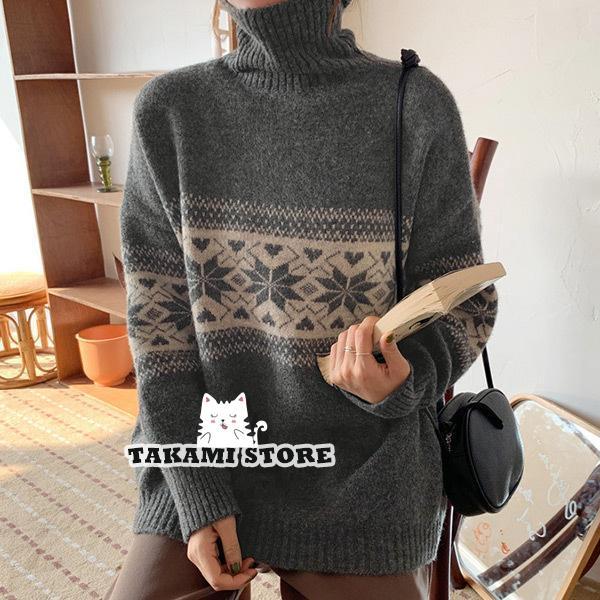 ニット セーター レディース 秋 冬 長袖 ミディアム丈 ハイゲージ タートルネック ハイネック トップス ノルディック柄 ルーズ ニット セーター レディース 秋 冬 長袖 ミディアム丈 ハイゲージ タートルネック ハイネック トップス ノルディック柄 ルーズ