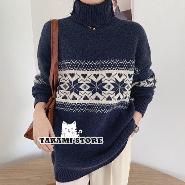 ニット セーター レディース 秋 冬 長袖 ミディアム丈 ハイゲージ タートルネック ハイネック トップス ノルディック柄 ルーズ ニット セーター レディース 秋 冬 長袖 ミディアム丈 ハイゲージ タートルネック ハイネック トップス ノルディック柄 ルーズ