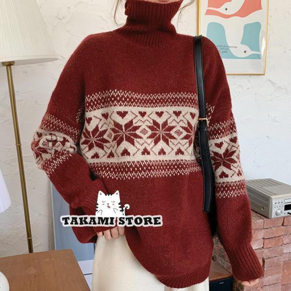 ニット セーター レディース 秋 冬 長袖 ミディアム丈 ハイゲージ タートルネック ハイネック トップス ノルディック柄 ルーズ ニット セーター レディース 秋 冬 長袖 ミディアム丈 ハイゲージ タートルネック ハイネック トップス ノルディック柄 ルーズ