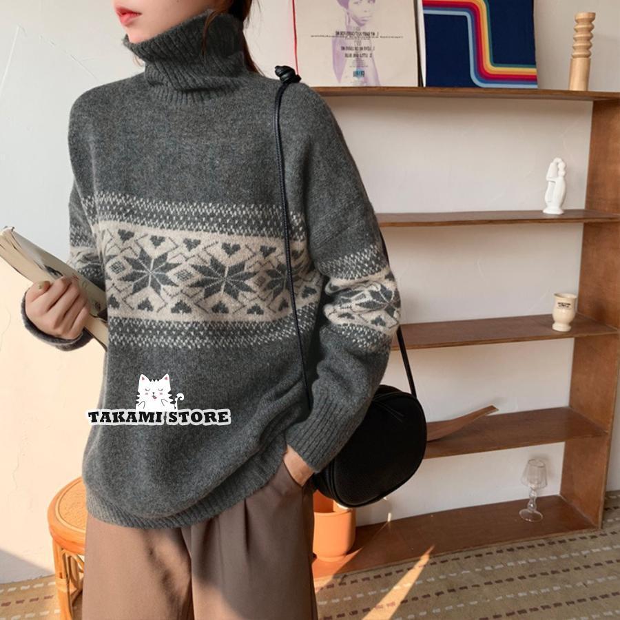 ニット セーター レディース 秋 冬 長袖 ミディアム丈 ハイゲージ タートルネック ハイネック トップス ノルディック柄 ルーズ ニット セーター レディース 秋 冬 長袖 ミディアム丈 ハイゲージ タートルネック ハイネック トップス ノルディック柄 ルーズ