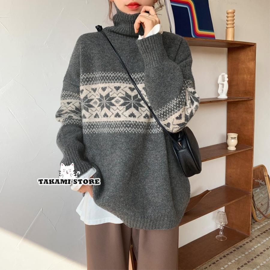 ニット セーター レディース 秋 冬 長袖 ミディアム丈 ハイゲージ タートルネック ハイネック トップス ノルディック柄 ルーズ ニット セーター レディース 秋 冬 長袖 ミディアム丈 ハイゲージ タートルネック ハイネック トップス ノルディック柄 ルーズ