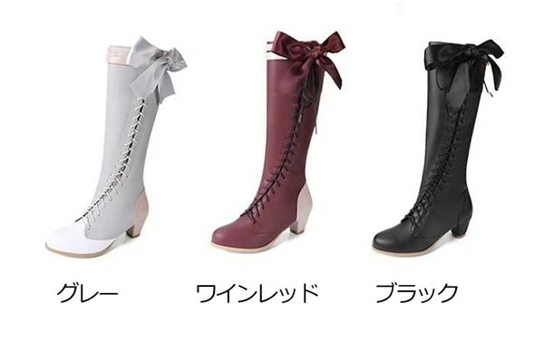 ロングブーツ ロリータブーツ リボン 編み上げ コスプレ用 レディース レースアップ 太め チャンキーヒール ヒール4センチ 美脚 シューズ 靴 ワインレッド グレー ブラック かわいい 小さいサイズ ロングブーツ ロリータブーツ リボン 編み上げ コスプレ用 レディース レースアップ 太め チャンキーヒール ヒール4センチ 美脚 シューズ 靴 ワインレッド グレー ブラック かわいい 小さいサイズ