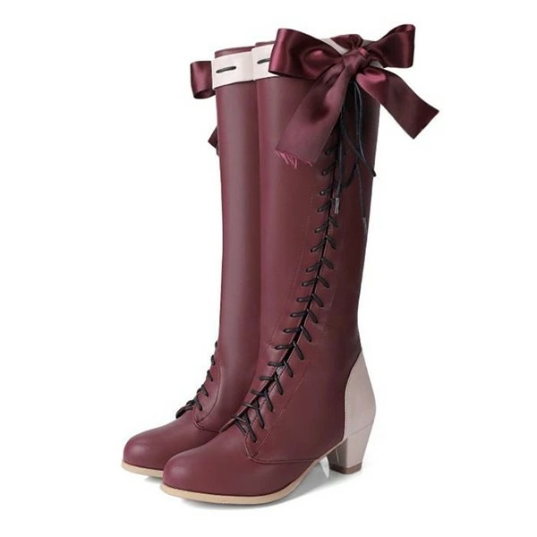 ロングブーツ ロリータブーツ リボン 編み上げ コスプレ用 レディース レースアップ 太め チャンキーヒール ヒール4センチ 美脚 シューズ 靴 ワインレッド グレー ブラック かわいい 小さいサイズ ロングブーツ ロリータブーツ リボン 編み上げ コスプレ用 レディース レースアップ 太め チャンキーヒール ヒール4センチ 美脚 シューズ 靴 ワインレッド グレー ブラック かわいい 小さいサイズ