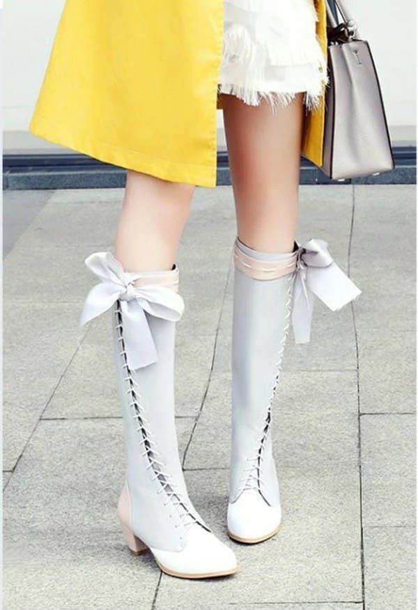 ロングブーツ ロリータブーツ リボン 編み上げ コスプレ用 レディース レースアップ 太め チャンキーヒール ヒール4センチ 美脚 シューズ 靴 ワインレッド グレー ブラック かわいい 小さいサイズ ロングブーツ ロリータブーツ リボン 編み上げ コスプレ用 レディース レースアップ 太め チャンキーヒール ヒール4センチ 美脚 シューズ 靴 ワインレッド グレー ブラック かわいい 小さいサイズ