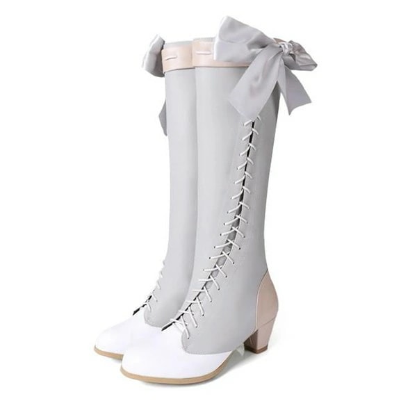 ロングブーツ ロリータブーツ リボン 編み上げ コスプレ用 レディース レースアップ 太め チャンキーヒール ヒール4センチ 美脚 シューズ 靴 ワインレッド グレー ブラック かわいい 小さいサイズ ロングブーツ ロリータブーツ リボン 編み上げ コスプレ用 レディース レースアップ 太め チャンキーヒール ヒール4センチ 美脚 シューズ 靴 ワインレッド グレー ブラック かわいい 小さいサイズ