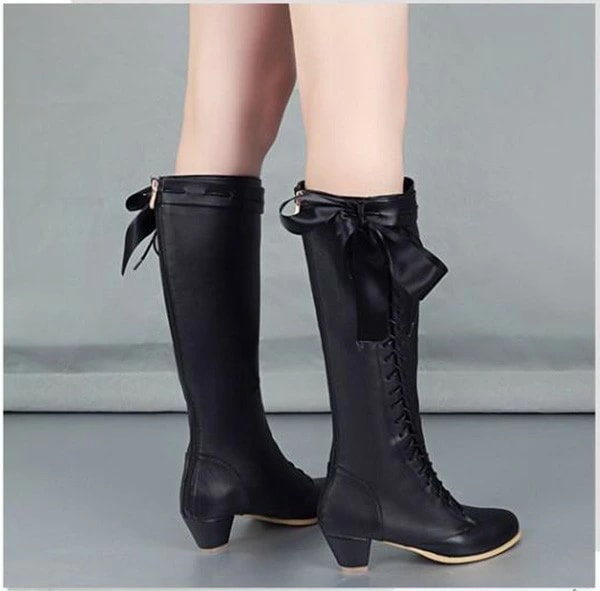ロングブーツ ロリータブーツ リボン 編み上げ コスプレ用 レディース レースアップ 太め チャンキーヒール ヒール4センチ 美脚 シューズ 靴 ワインレッド グレー ブラック かわいい 小さいサイズ ロングブーツ ロリータブーツ リボン 編み上げ コスプレ用 レディース レースアップ 太め チャンキーヒール ヒール4センチ 美脚 シューズ 靴 ワインレッド グレー ブラック かわいい 小さいサイズ