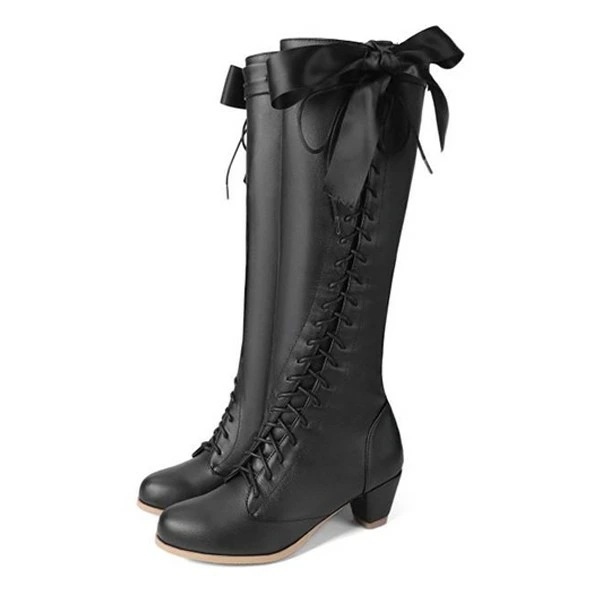 ロングブーツ ロリータブーツ リボン 編み上げ コスプレ用 レディース レースアップ 太め チャンキーヒール ヒール4センチ 美脚 シューズ 靴 ワインレッド グレー ブラック かわいい 小さいサイズ ロングブーツ ロリータブーツ リボン 編み上げ コスプレ用 レディース レースアップ 太め チャンキーヒール ヒール4センチ 美脚 シューズ 靴 ワインレッド グレー ブラック かわいい 小さいサイズ