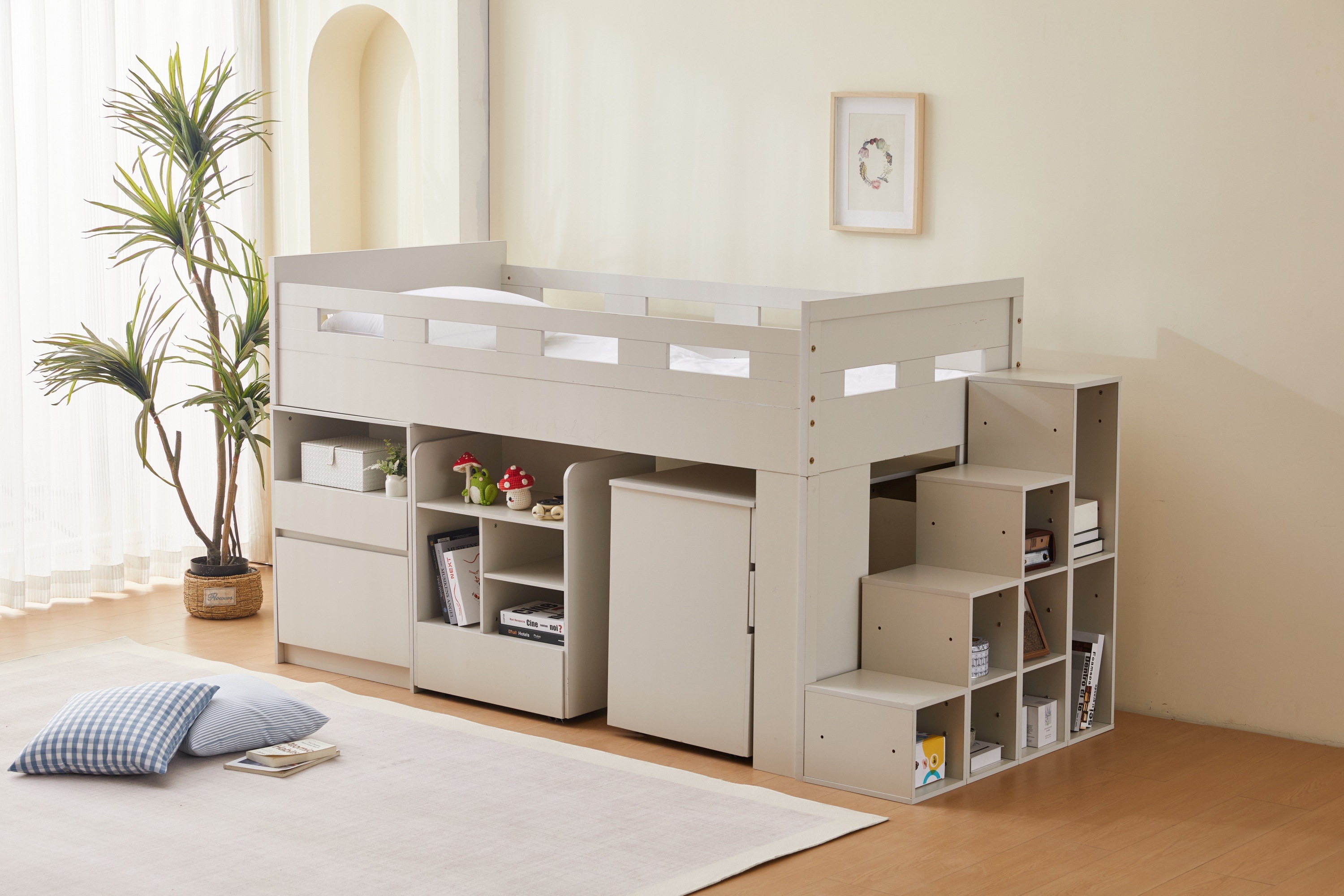 【国内発送】システムベッド階段付きロフトベッド木製シングルロータイプSデスクベッド本棚ベッド机付き本棚付き大人コンパクト収納大容量収納一人暮ら子供省ロフトベッド284