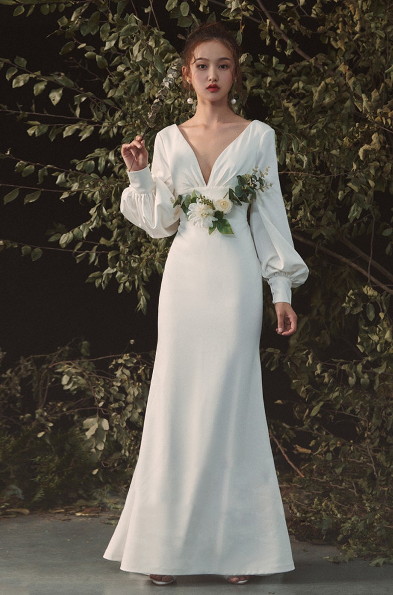 復古調 高級レース ウェディングドレス トレーン Vネック 長袖 バック