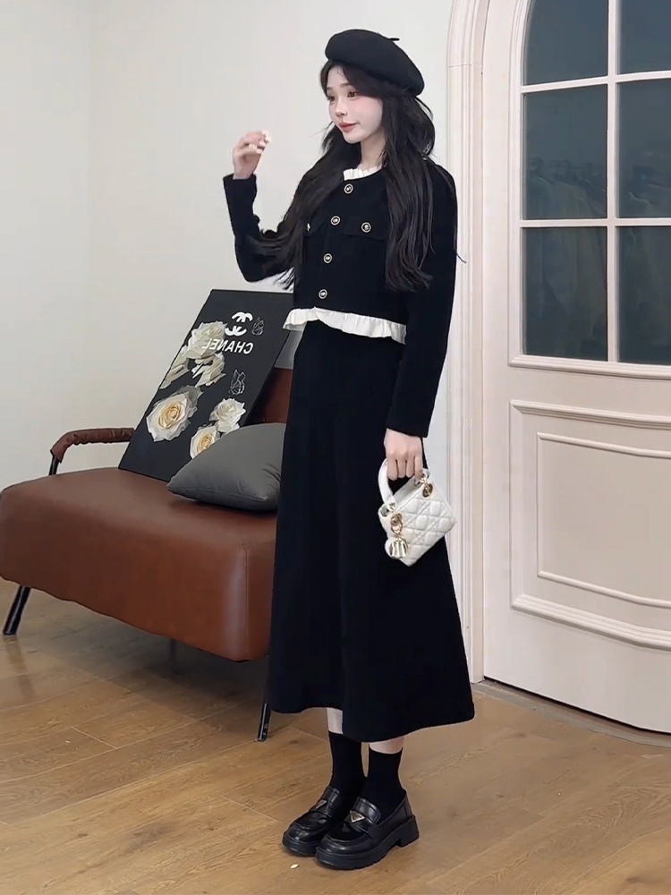 小さな香りヘップバーンスタイルスーツロングスカートのセット全体と黒の長袖ドレス子供2023新しい初秋 小さな香りヘップバーンスタイルスーツロングスカートのセット全体と黒の長袖ドレス子供2023新しい初秋