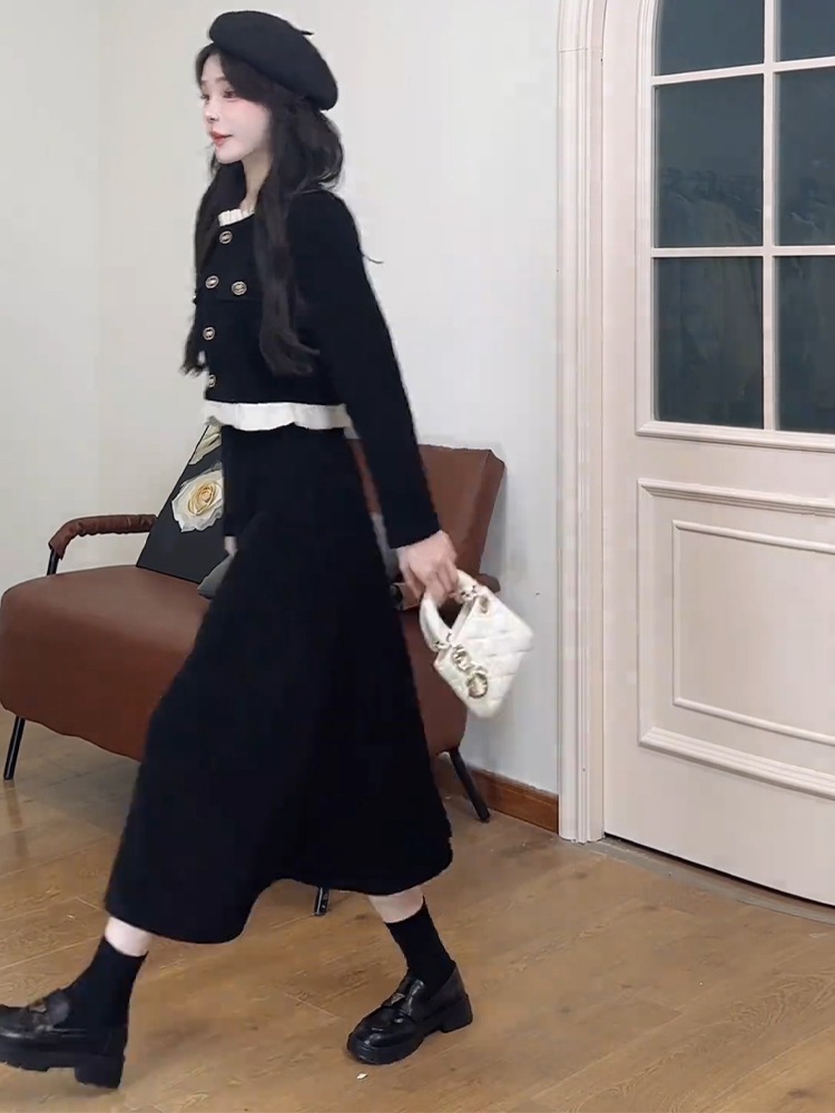 小さな香りヘップバーンスタイルスーツロングスカートのセット全体と黒の長袖ドレス子供2023新しい初秋 小さな香りヘップバーンスタイルスーツロングスカートのセット全体と黒の長袖ドレス子供2023新しい初秋