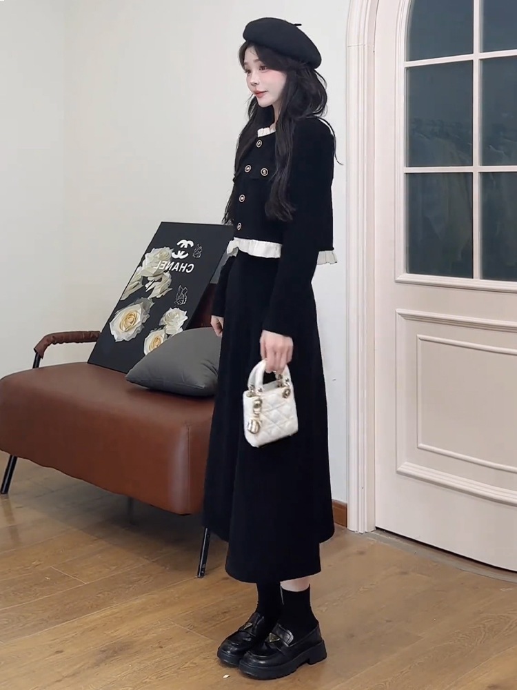 小さな香りヘップバーンスタイルスーツロングスカートのセット全体と黒の長袖ドレス子供2023新しい初秋 小さな香りヘップバーンスタイルスーツロングスカートのセット全体と黒の長袖ドレス子供2023新しい初秋