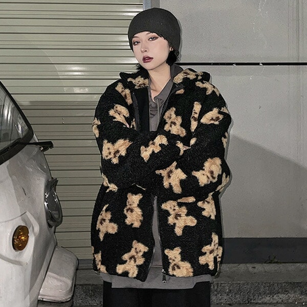 大人気の 即納ありボアジャケット 原宿系 服 個性的 大きいサイズ 韓国ファッション コスチューム ヒップホップ 衣装 ダンス アウター  ビッグシルエット クマ柄 BEAR柄 ジップアップブルゾン ジャンパー・ブルゾン