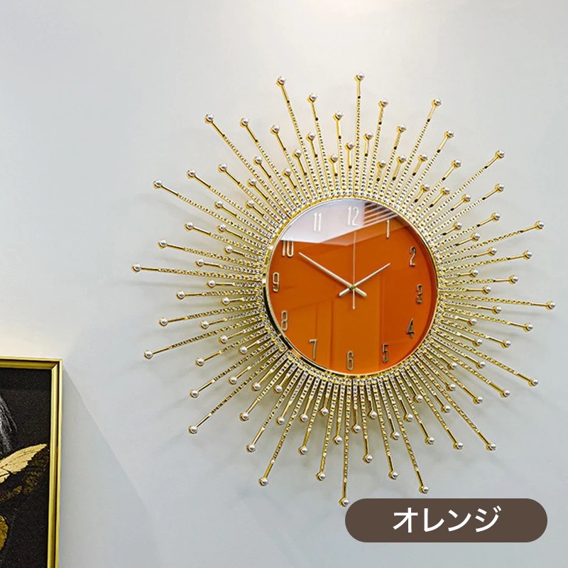 ウォールクロック 壁掛け時計 直径66cm ゴールド 豪華 4色 キラキラ 大きい 目立つ ゴージャス リビングルーム ダイニングルーム 寝室 ショップ レストラン 華やか デザイン 放射 光 静音