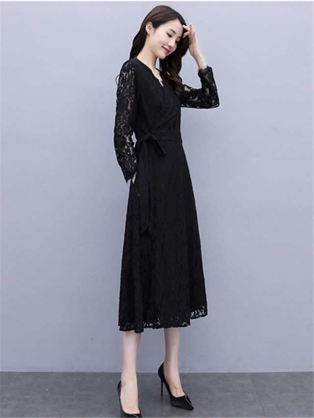 【激安開催】ワンピース ドレス レディース Vネック レース 総レース 花柄 かぎ編み 薄い 透け感 長袖 袖あり ミモレ丈 ロング カシュクール ウエスト