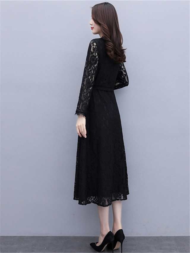 【激安開催】ワンピース ドレス レディース Vネック レース 総レース 花柄 かぎ編み 薄い 透け感 長袖 袖あり ミモレ丈 ロング カシュクール ウエスト