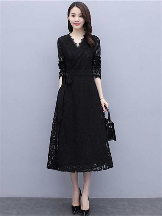 【激安開催】ワンピース ドレス レディース Vネック レース 総レース 花柄 かぎ編み 薄い 透け感 長袖 袖あり ミモレ丈 ロング カシュクール ウエスト