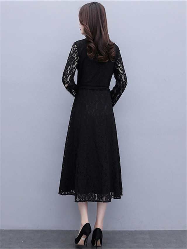 【激安開催】ワンピース ドレス レディース Vネック レース 総レース 花柄 かぎ編み 薄い 透け感 長袖 袖あり ミモレ丈 ロング カシュクール ウエスト