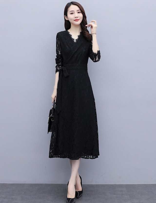 【激安開催】ワンピース ドレス レディース Vネック レース 総レース 花柄 かぎ編み 薄い 透け感 長袖 袖あり ミモレ丈 ロング カシュクール ウエスト