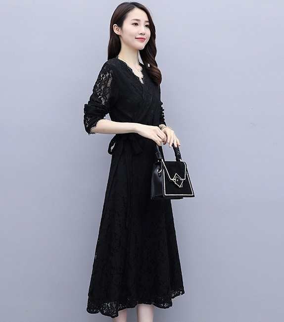 【激安開催】ワンピース ドレス レディース Vネック レース 総レース 花柄 かぎ編み 薄い 透け感 長袖 袖あり ミモレ丈 ロング カシュクール ウエスト