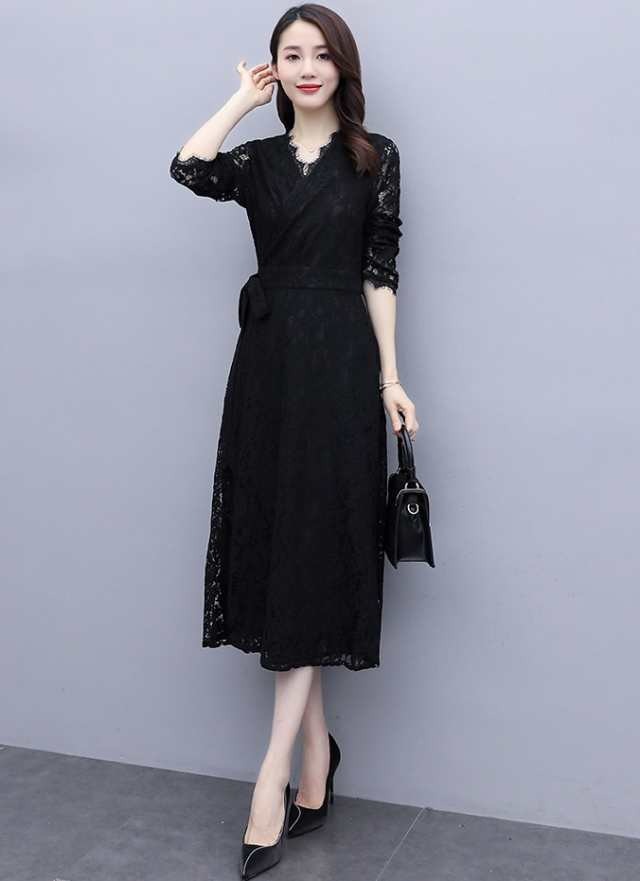 【激安開催】ワンピース ドレス レディース Vネック レース 総レース 花柄 かぎ編み 薄い 透け感 長袖 袖あり ミモレ丈 ロング カシュクール ウエスト