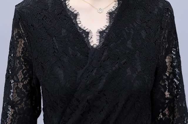 【激安開催】ワンピース ドレス レディース Vネック レース 総レース 花柄 かぎ編み 薄い 透け感 長袖 袖あり ミモレ丈 ロング カシュクール ウエスト