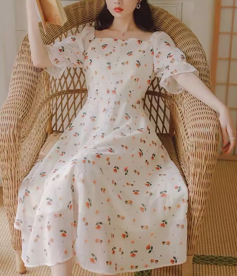 レディース ワンピース ミモレ ロング 半袖 ベルスリーブ スクエアネック Aライン フェミニン 刺繍 シフォン フリル ウエストマーク ハイウエスト 異国風 ボタン かわいい 大人可愛い きれいめ