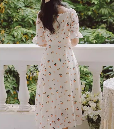 レディース ワンピース ミモレ ロング 半袖 ベルスリーブ スクエアネック Aライン フェミニン 刺繍 シフォン フリル ウエストマーク ハイウエスト 異国風 ボタン かわいい 大人可愛い きれいめ