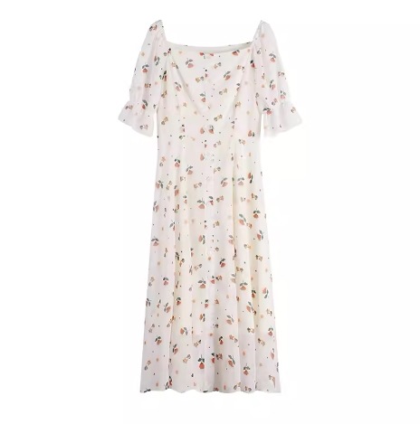 レディース ワンピース ミモレ ロング 半袖 ベルスリーブ スクエアネック Aライン フェミニン 刺繍 シフォン フリル ウエストマーク ハイウエスト 異国風 ボタン かわいい 大人可愛い きれいめ