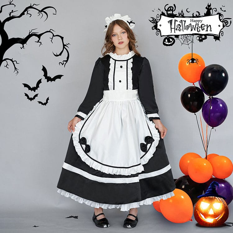 ハロウィン 衣装 メイド服 エプロン 子供用 メイド 女の子 長袖 クラシカル ヘアバンド 蝶結び エプロン 子供コスチューム ハロウィン衣装 子供 ロイヤルメイド ワンピース キッズ メイド コスプ