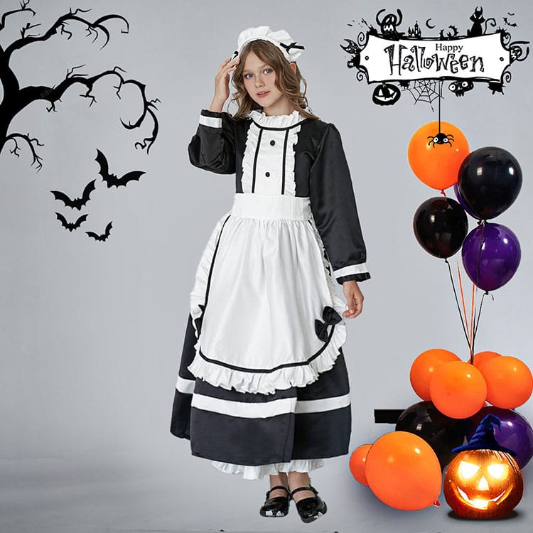 ハロウィン 衣装 メイド服 エプロン 子供用 メイド 女の子 長袖 クラシカル ヘアバンド 蝶結び エプロン 子供コスチューム ハロウィン衣装 子供 ロイヤルメイド ワンピース キッズ メイド コスプ