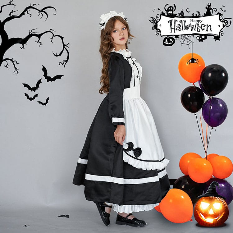 ハロウィン 衣装 メイド服 エプロン 子供用 メイド 女の子 長袖 クラシカル ヘアバンド 蝶結び エプロン 子供コスチューム ハロウィン衣装 子供 ロイヤルメイド ワンピース キッズ メイド コスプ